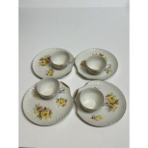 Vintage Set Of 4 Tea Cups Shell Saucers Yellow Flowers Gold Trim Norcrest Japan